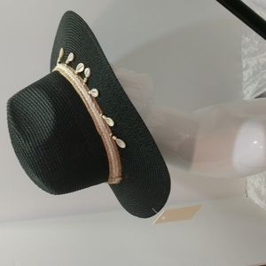 Black Floppy Hat Boho Beach Faux Cowrie Shells Dangling on Beads Braided